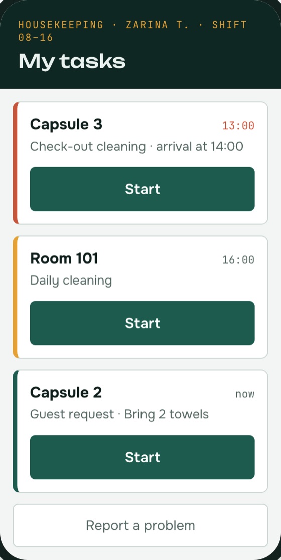 The hotel PMS on a cleaner’s phone: a list of tasks, each with one Start button